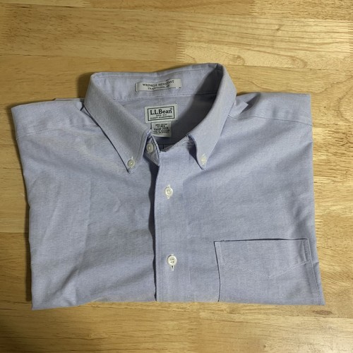 LL Bean Shirt Mens 17 Blue Button Up Short Sleeve Collared Cotton