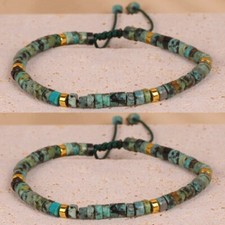 2PCS Natural African Turquoise Stone Bracelet Green Gemstone Bracelet Adjustable