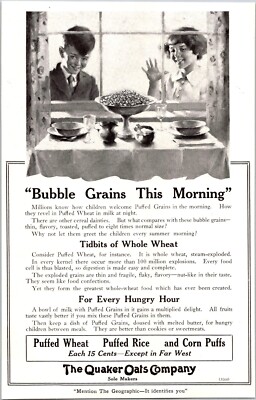 PRINT AD 1919 Quaker Oats Puffed Wheat Rice Corn Puffs Bubble Grains 6 x 9