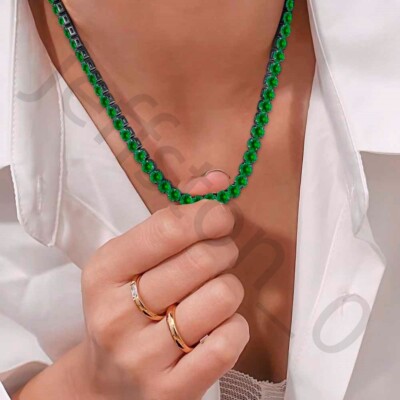 45.72 ctw Created Round Green Emerald 14K Black Gold Plated 4 mm Tennis Necklace