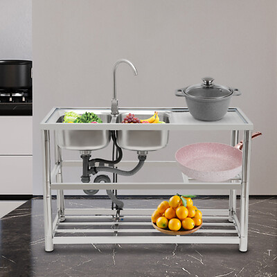 Free Standing Commercial Kitchen Sink Stainless Steel Dual Bowl For Restaurant~
