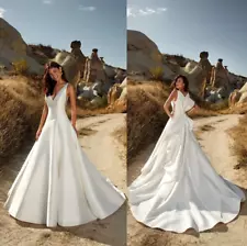 Elegant A-Line Satin Wedding Dress with V-Neck and Designer Back Bridal Gowns