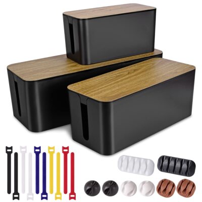 3 Pack Cable Management Box With 18 Pcs Cable Management Set Large & Medium & Sm