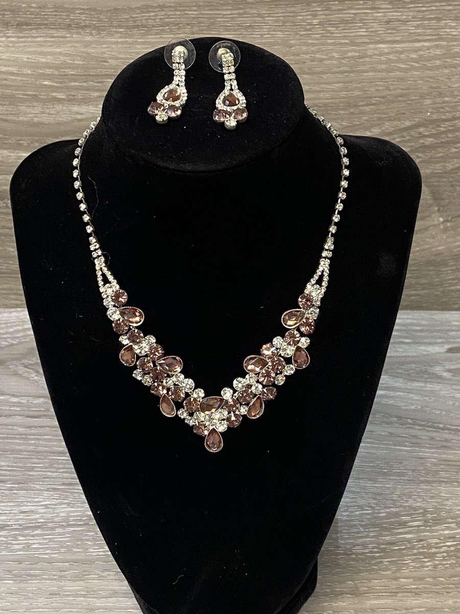 Beautiful Peach Diamond Rhinestone Necklace Earring Set By