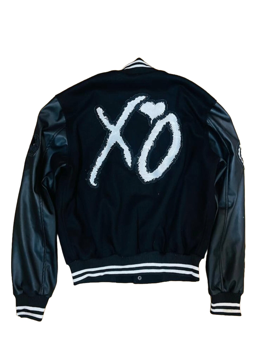 The Weeknd XO Jacket Bomber Black Wool Varsity Letterman Leather