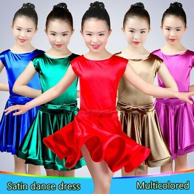 Girls Satin Dance Dress Shiny Latin Dancewear Ballroom Rumba Tango Costume