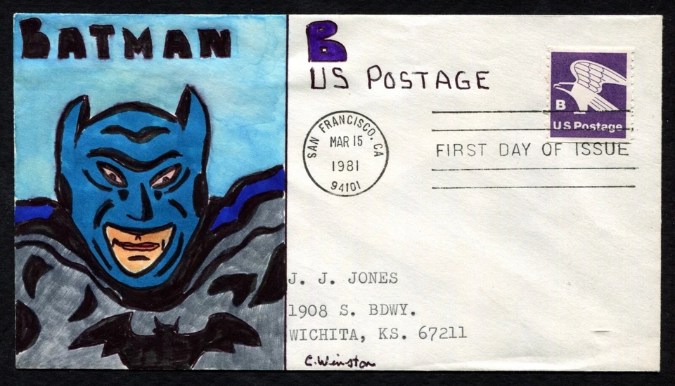 1981 C WINSTON Hand Drawn & Painted BATMAN Superhero First Day Cover FDC - Image 2 of 4