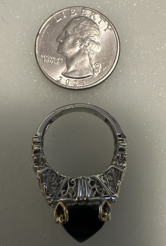 925 India Silver Goldtone Black Stone Clear Rhinestone Accents Sz 9.5 - Picture 3 of 5