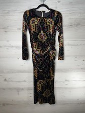 LOFT Dress Womens 4P Multicolor Velvet Geometric Ruched Long Sleeve Bodycon Maxi