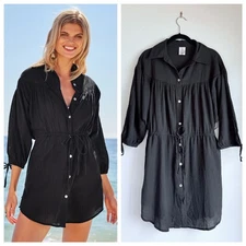 NWT BECCA by Rebecca Virtue Swim Gauzy Collared Cover Up Dress in Black Size L
