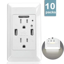 LED Night Light USB Wall Outlet Tamper Resistant Duplex Receptacle w/plate 10PCS