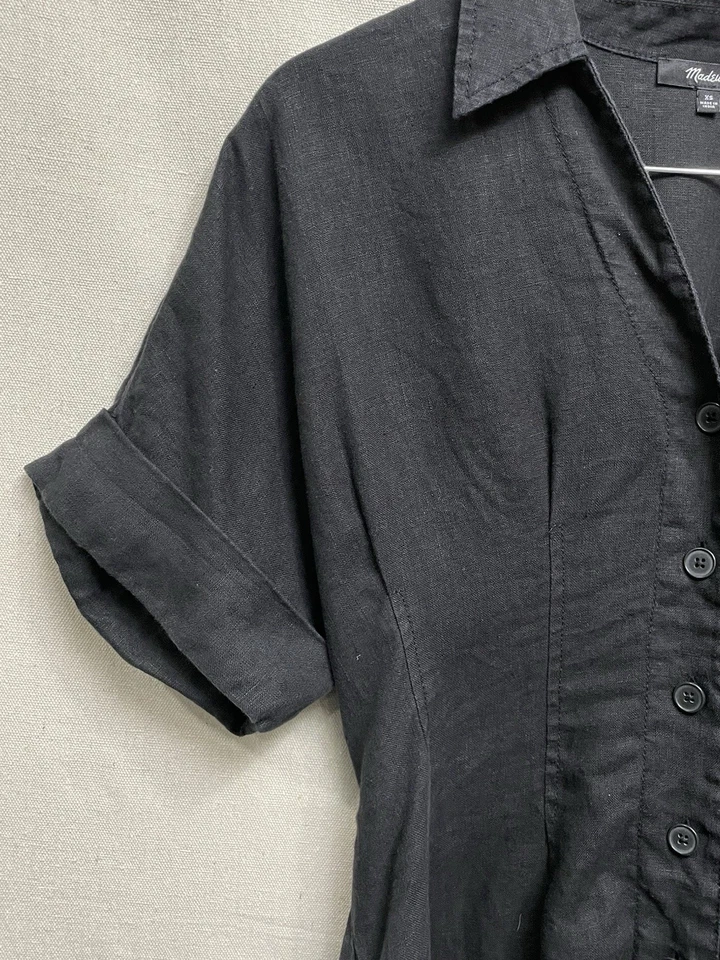 Madewell 100% Linen Pleated Midi Shirtdress Size XS Jet Black Pockets - Image 3 of 4