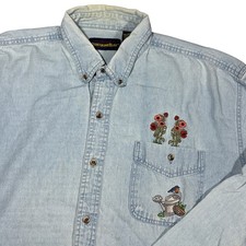 Vintage Cottage Core Denim Shirt Peregrine Bay XL Blue Embroidered Floral