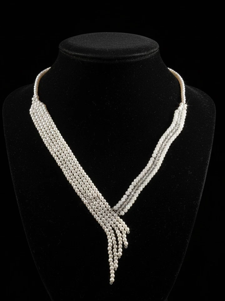 Collana Girocollo Elegante Perle Fatta A Mano Cristallo Bianco Sposa Cerimonia - Immagine 2 di 4