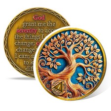 Tree of Life 1 Year Sobriety Coin, Recovery  Growth AA Medallion, One Year G...
