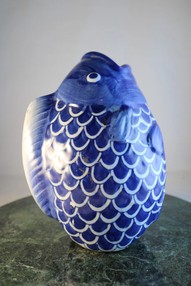 Vintage Blue WhiteChinoiserie Chinese Koi Fish Hand Painted 8" Tall Vase - Image 4 of 4