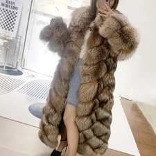 2025 New Coffee Fox Long Coat Fox Fur Women's Real Fur Warm Thicken Long Jacket