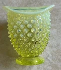 Vtg Fenton Uranium Vase Green Opalescent Hobnail Flared Rim  3.5"