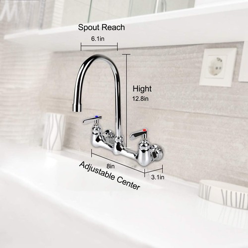 Wall Mount Faucet 8 Inch Center Commercial Kitchen Sink Faucet with 6" Goosen... - Picture 2 of 7