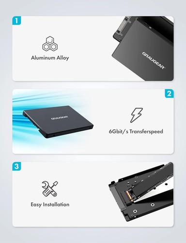GRAUGEAR Aluminium M.2-SATA SSD Konverter, für B-Key M.2 NGFF zu 2,5” SATA, 2,5“ - 第 7/9 張圖片