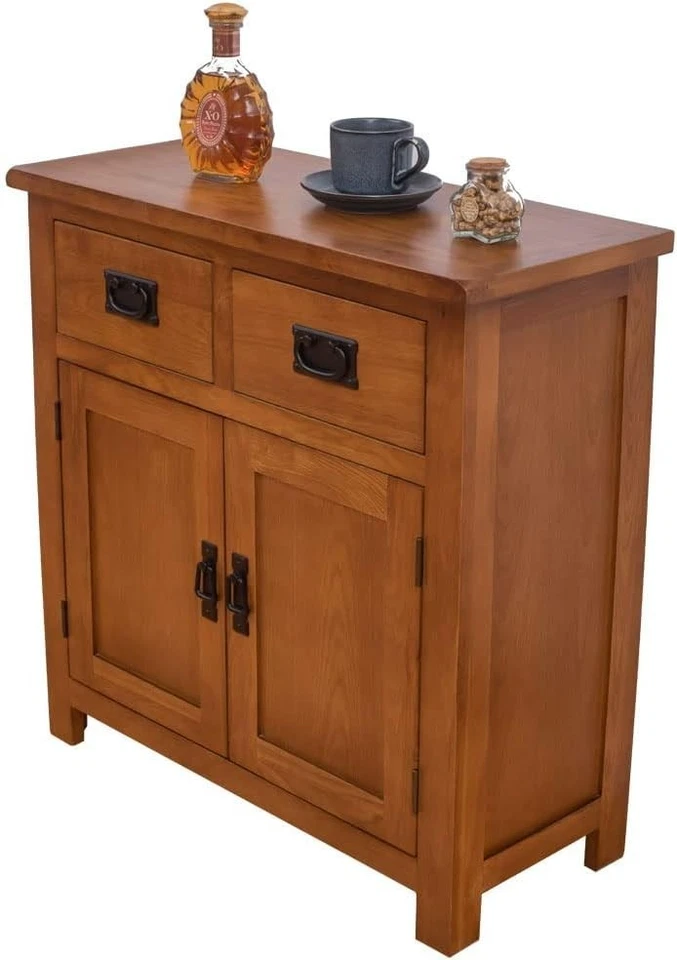 Brown OAK Mini Sideboard with 2 Doors 2 Drawers OAK Buffets Cabinet 75cm - Image 2 of 4