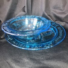 Tiara Indiana Glass Regal Blue Mother Goose Nursery Child Plate  Bowl Set 1978