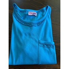 Vintage Club USA Women Turquoise Blue Crochet Trim Pocket T-Shirt Made in USA
