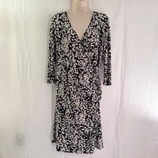 Chaps Womens Black White Abstract Geometric Faux Wrap Ruched Sheath Dress L