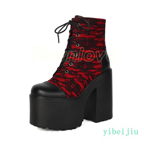Women Super High Block Heel Platform Thick Sole Ankle Boots Lace Up Knight Shoes - Bild 21 von 26