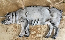 Primitive Antique Vtg Style Farmhouse Pig Hog Embossed Hanging Metal Tin Sign