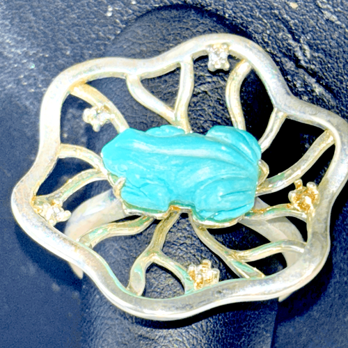 Tehya Oyama Turquoise Sleeping Beauty Carved Frog on Lily Pad Ring 9
