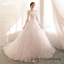 Bride Long Tail Wedding Dresses Lace Floral Boat Neck Princess Ball Gown Custom