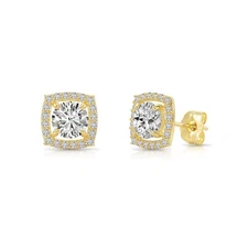 14K Real Solid Yellow Gold Cushion Halo CZ Sleeper Stud Earrings Push-back