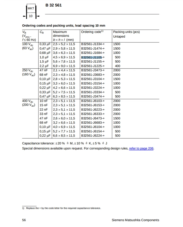 10 PIEZAS B32561-J1105-J Película Apilada 1uF 5% 100V MKT Poliéster Condensador Silvercap Foto 4 de 4
