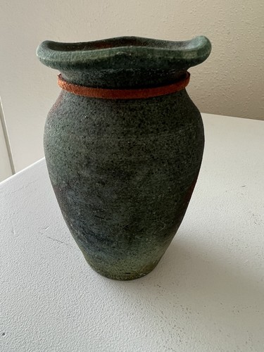 RAKU POTTERY VASE Handmade in Arizona 5" Tall | Leather Trim - Picture 4 of 9