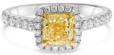 1.63CT CANARY  WHITE DIAMOND 18K 2 TONE GOLD 3D CUSHION  ROUND ENGAGEMENT RING