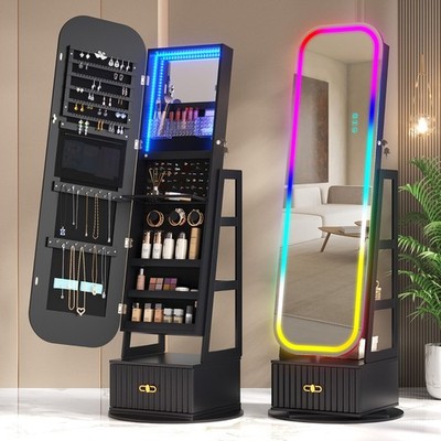 Gurexl 360° Swivel Jewelry Cabinet with RGB  Full Length Mirror- Jewelry Storage