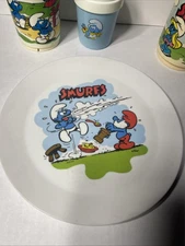 80s Smurfs Plate And Cups Lot Deka 4 Pcs