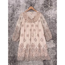 Anthropologie Dress Medium Womens Chiffon Metallic Tassel Tie Bohemian Embroider