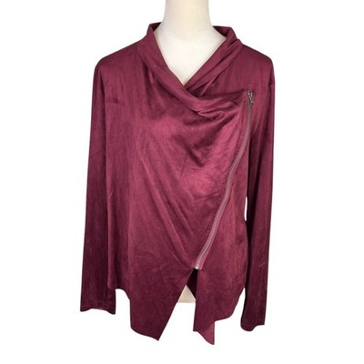 Vigoss L Burgundy Faux Suede Asymmetrical Zip Drape Lightweight Moto Jacket