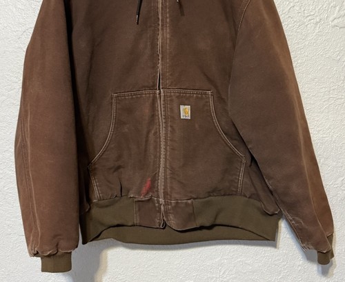 Vintage Carhartt Hooded Canvas Zip Jacket Brown Blanket Lined STAINS J158 Sz XL - Picture 3 of 12