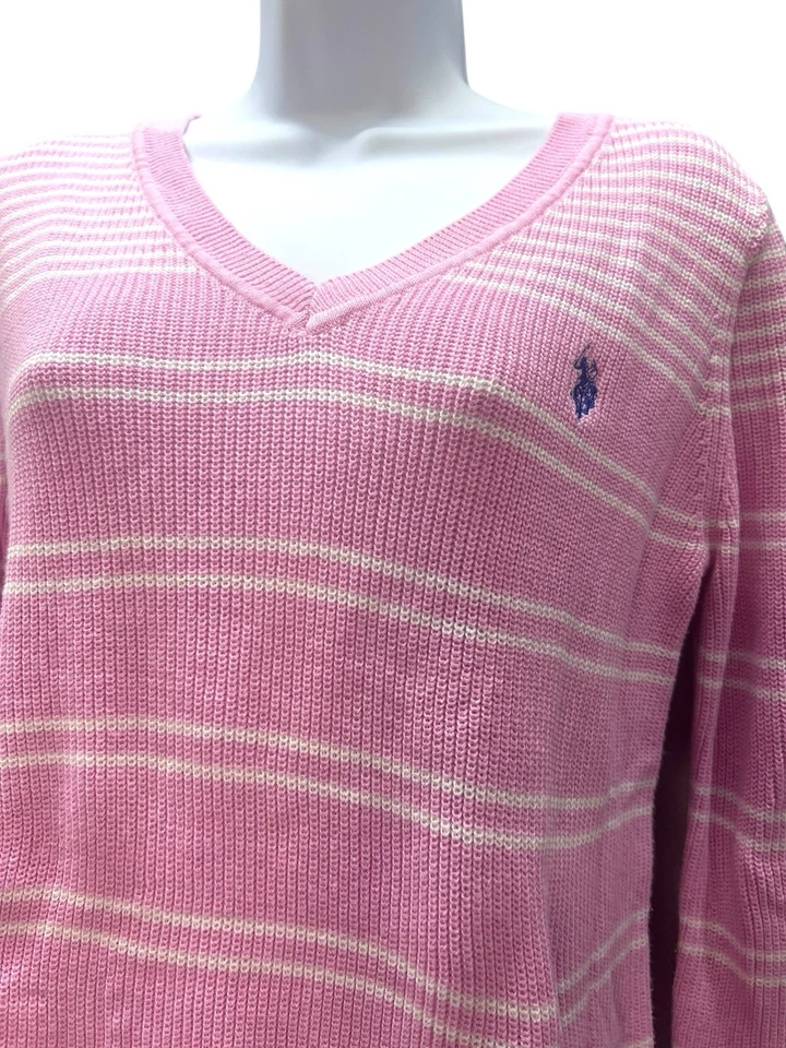Suéter Polo EE. UU. Rosa Blanco Rayas Cuello en V Para Mujer Pequeño Preppy Y2K Old School Foto 2 de 4