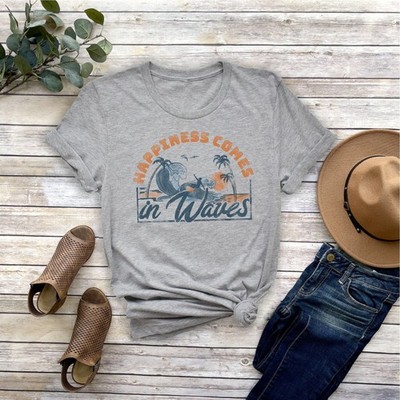Happiness Comes in Waves Tee Retro Beach Vacation Shirt