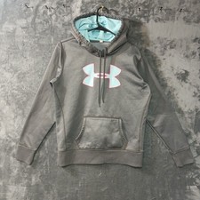 UNDER ARMOUR HOODIE WOMENS L GRAY BLUE PINK STORM1 BIG LOGO PULLOVER