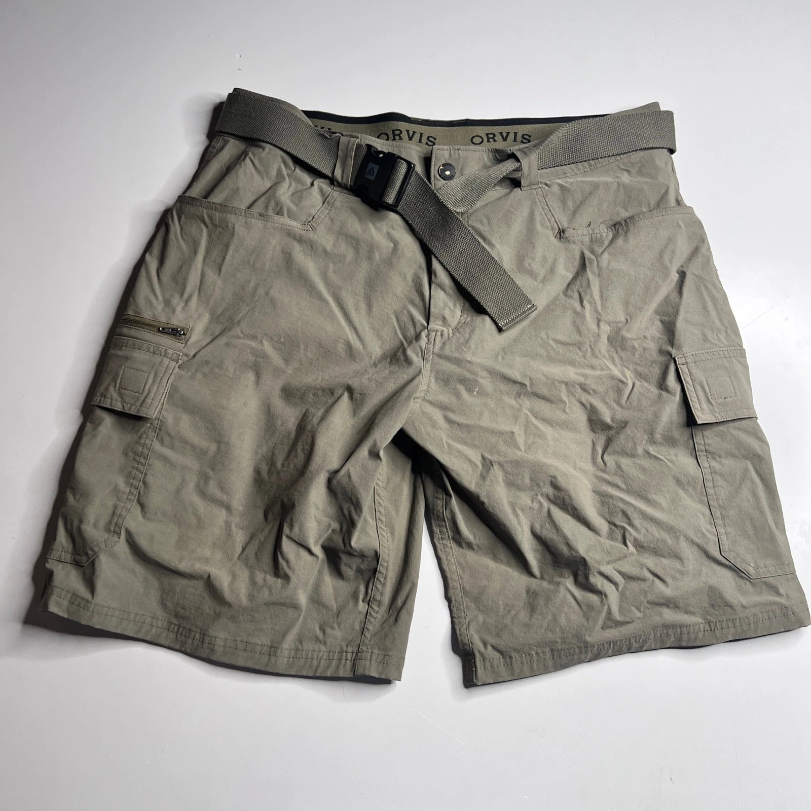 Orvis Mens 34 Cargo Shorts Green Hiking Outdoor Belted Quick Dry Performance