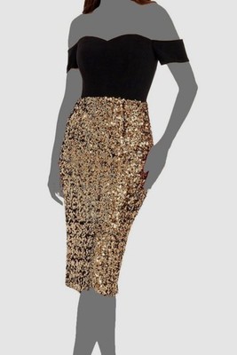 Dress the Population Women's Gold Bailey Sequined-Skirt Dress Sz S