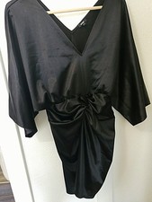 Express Womens Dress S Small Black Satin Kimono Sleeve Knot Front Mini V-Neck...