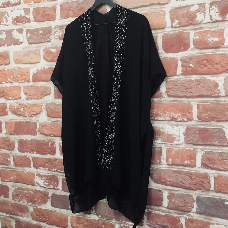 Jessica McClintock Kimono Blusa Topper OS Mujer Negro Estrás Encogido de hombros�� Foto 3 de 4