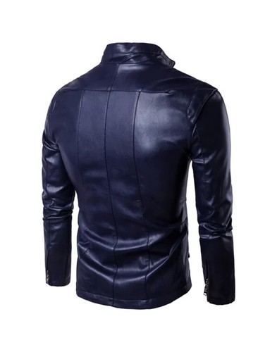 Navy Blue Men's Leather Jacket Genuine Lambskin Motorcycle Cafe Racer Jacket - Picture 2 of 6
