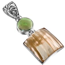 925 Silver Green Biwa Coin Pearl Gold Mother Of Pearl Turbo Shell Pendant, 2"